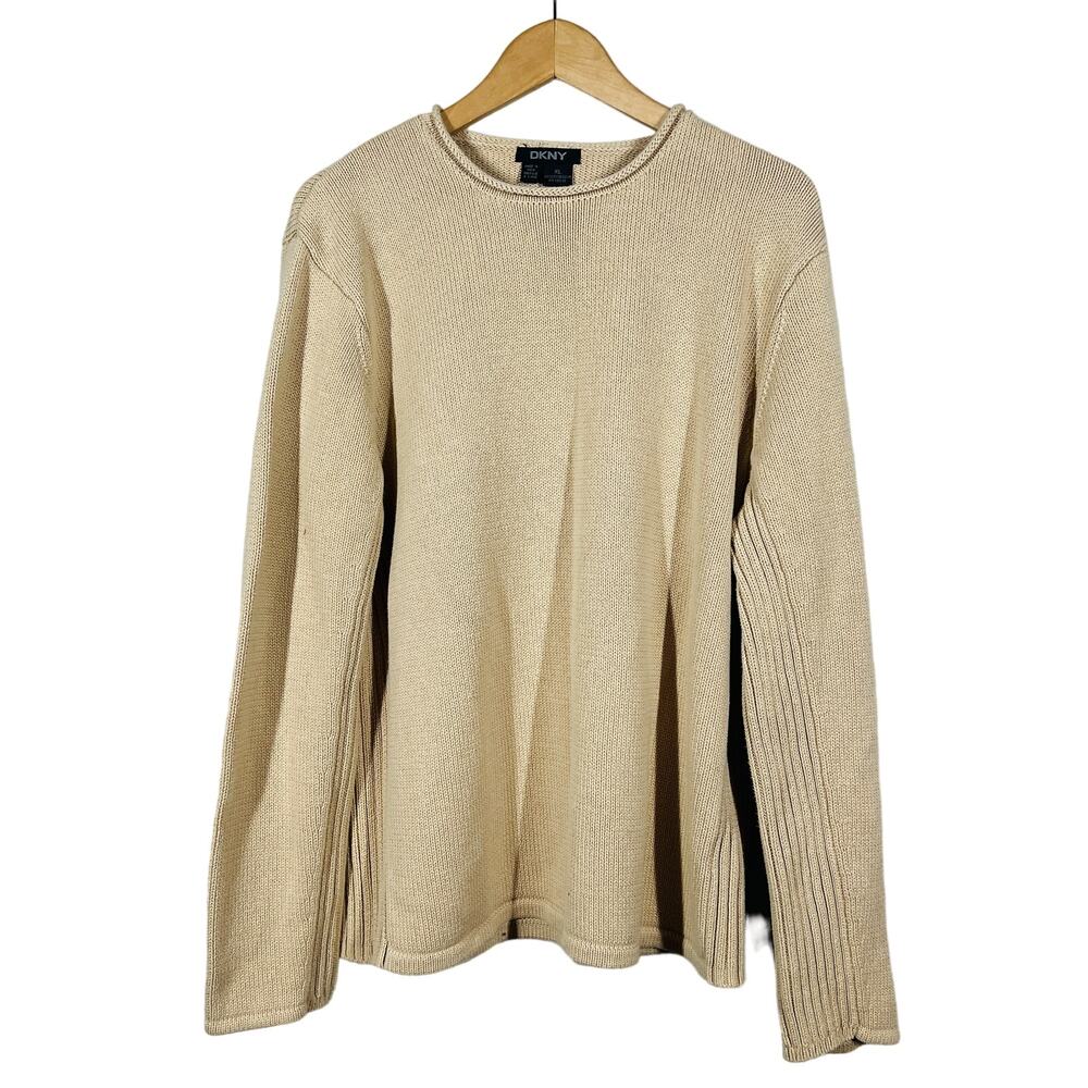DKNY 90s Ribbed Crewneck Sweater Wheat Casual Knit Long Sleeve - XL